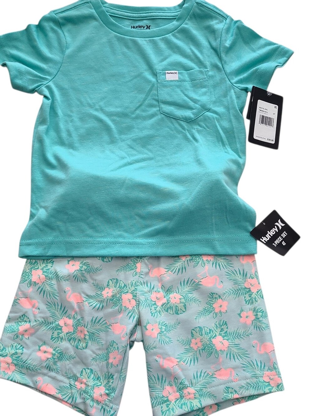 4T Hurley Teal Short Sleeve Pocket Tee & Teal Flamingo Floral Shorts Set